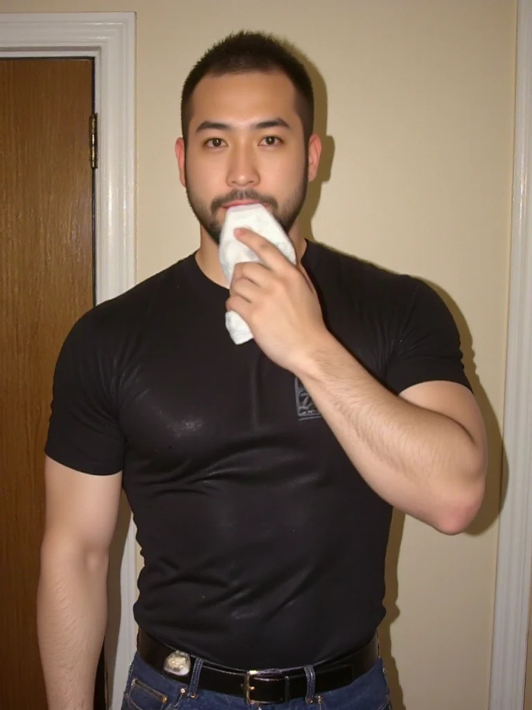 asian man, white singlet, tape gag, mouth gag , hairy chest , man