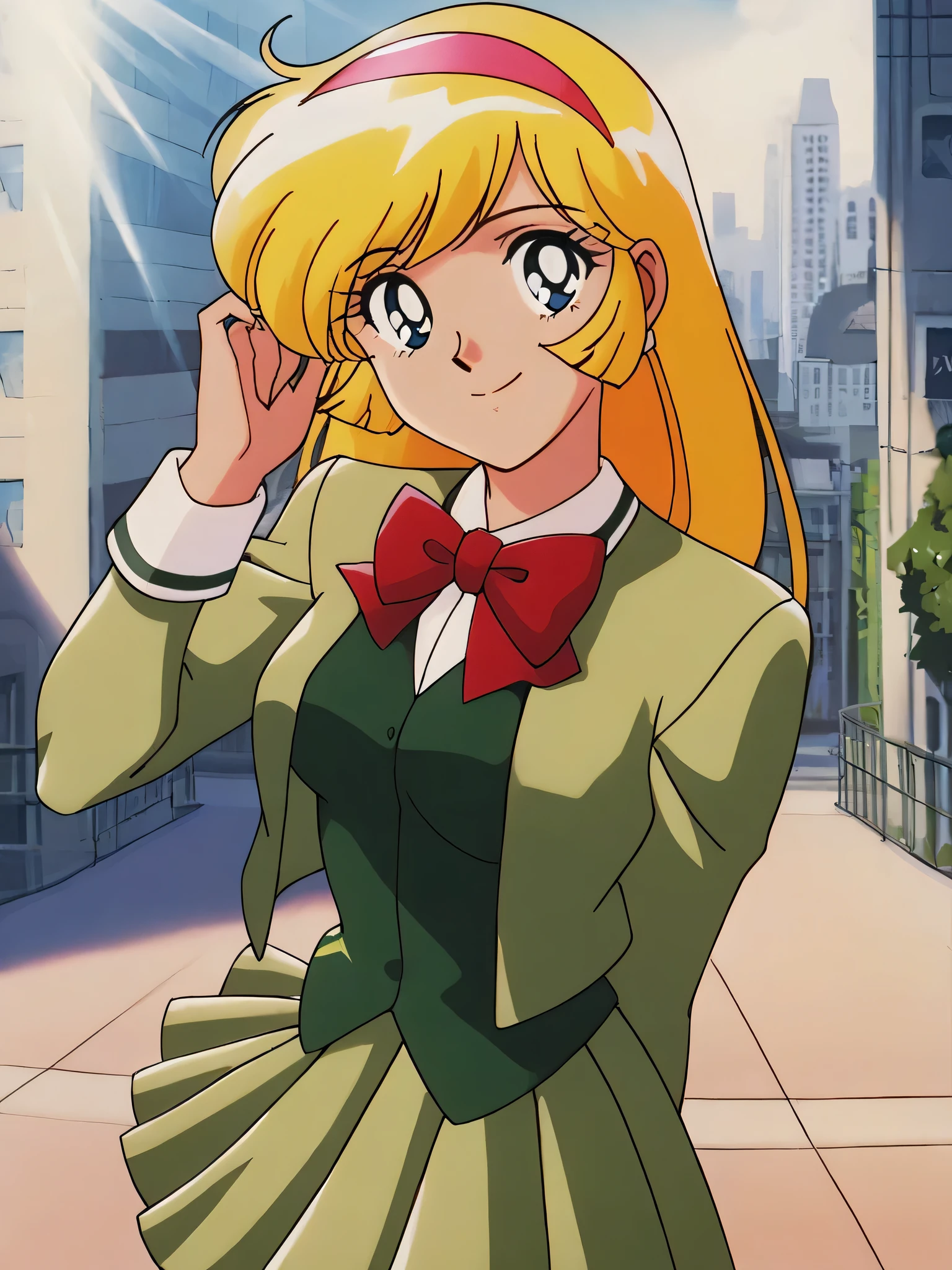 masterpiece,best quality,very aesthetic,highres, KisaragiHoney, 1girl, solo, blonde hair, long hair, blue eyes, medium breasts, hairband, school uniform, jacket, pleated skirt, earrings, red bow,hand in own hair,arm behind back,cute and happy expression, Smiles and Sunshine, sunlight, sunbeam, city, outdoor, looking at viewer, room, retro artstyle, anime coloring,