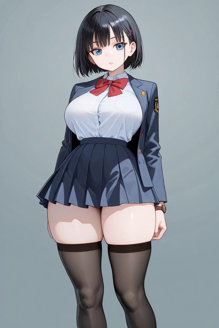  A cute big breasted sexy woman beautiful ash blonde hair round short messy cut her slanted orange eye wears a white blouse under a simple purple shirt and a tight black skirt black heels