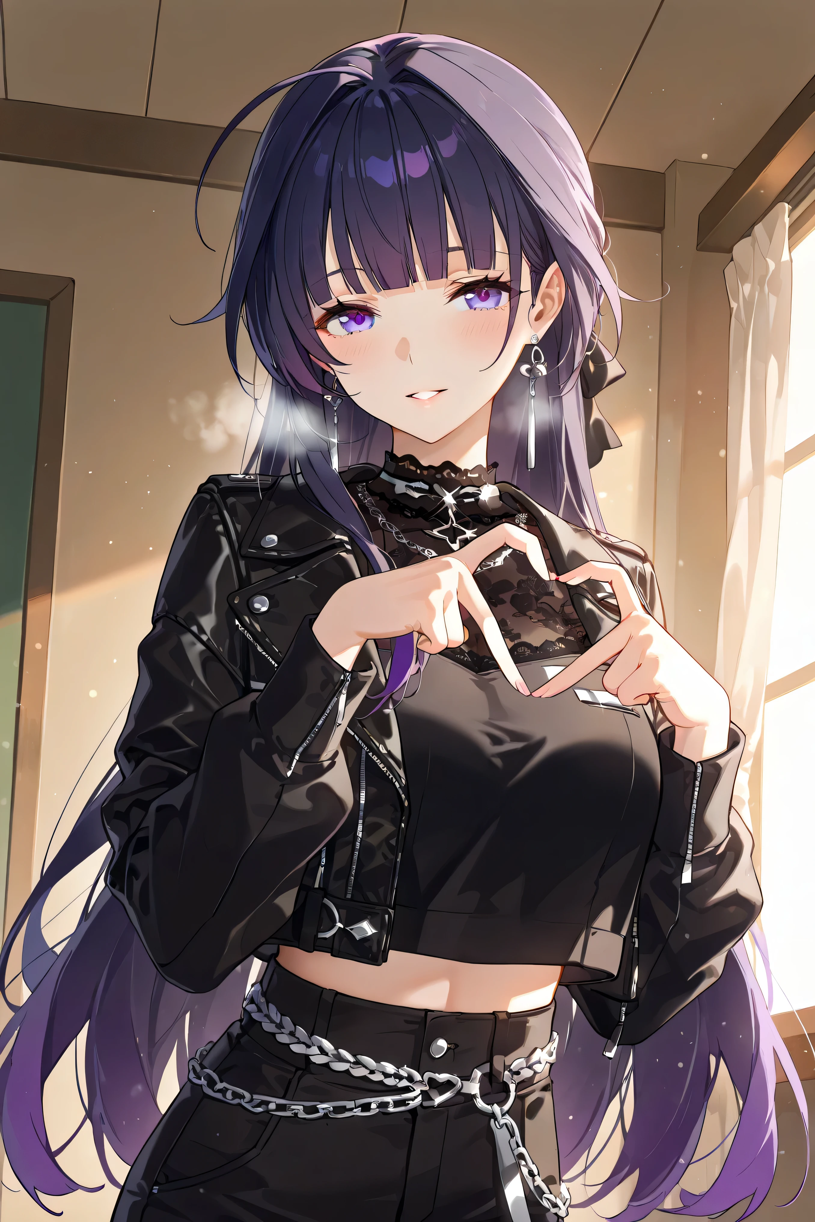 score_9, score_8_up, score_7_up, masterpiece, best quality, very aesthetic, absurdres, tunning image, light particles, attractive image, solo, 1girl, adult grown woman, raiden mei, long hair, purple hair, bangs, purple eyes, blunt bangs, bangs, gradient hair, hair ribbon, heavy breath, masterpiece,best quality,amazing quality, 5 fingers, alternate costume, An anime female character in a modern monochrome streetwear outfit. She wears a black long-sleeve crop top with side lace-up details, paired with high-waisted white cargo pants featuring and a silver chain belt. A black oversized faux leather jacket drapes over her shoulders, adding an edgy vibe. 4-finger heart hands, heart hands