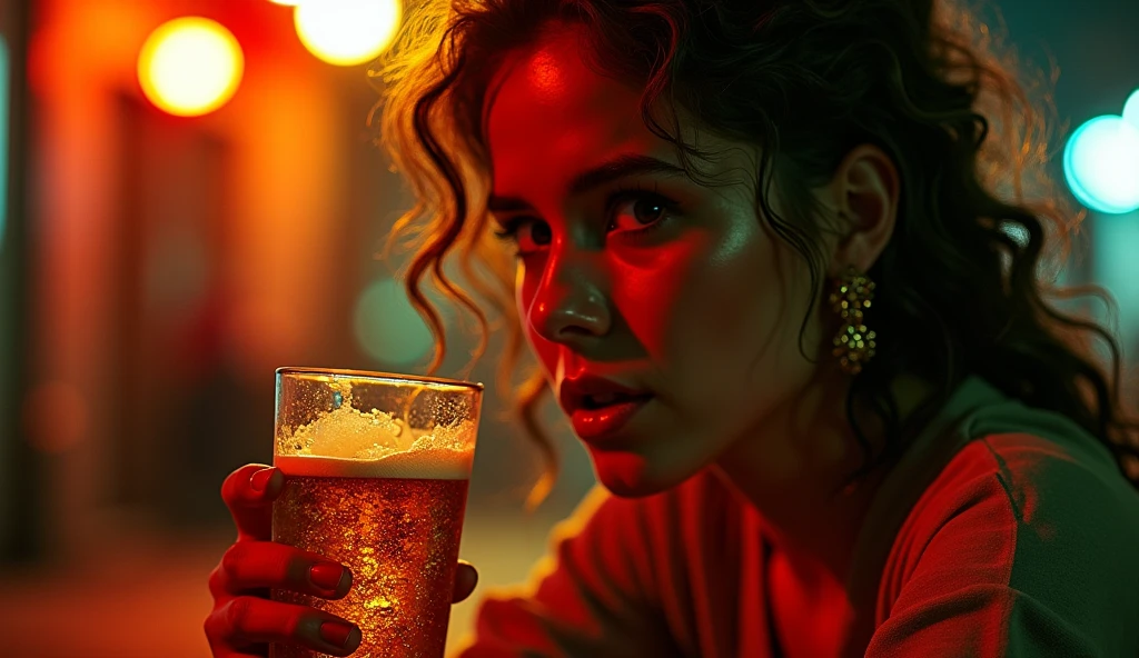 There is a woman there, who drinks a bottle of beer, side chest, she&#39;s wearing a black T-shirt, tik tok video, her face is red and sweating, Instagram model, looking away off camera, looking away, Side pose, looking away, profile pose, 480p, 4 8 0 r, Intense thirst