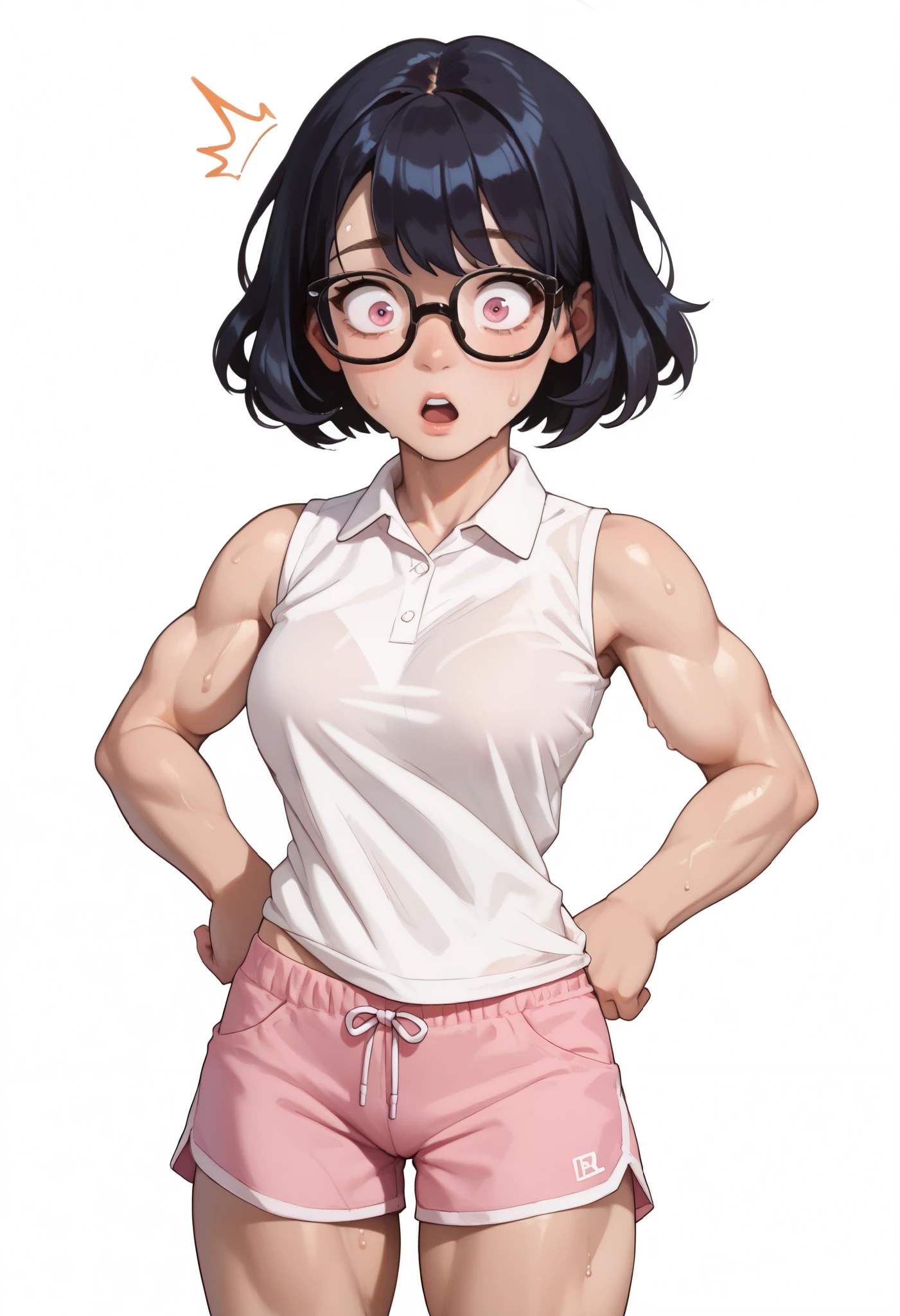 1 girl, {{{Mirai Kuriyama, short hair, light pink hair, (light pink hair), bob cut, yellowish brown eyes, (yellowish brown eyes), red glasses, (red glasses), nervous and small eyes, (nervous and shy look), raya, (short black bikini), (tight short bikini), pantimedias, (black pantyhose), small breasts, (small breasts)}}}, beautiful girl, {{{standing or standing full body image}}}, {{{Wear black high heels}}}, poses her beautiful black heels, {{{Is standing, ((back view))}}}, {{{muscular abs}}}, {{{muscular belly}}}, Is standing, (back view), sujeta su trasero con sus hands, (sujeta su trasero con las hands), (((Best Quality))), (((8k quality))), (((ultra best definition))), ((better face definition))), (((Perfect face))), (Perfect face:1.1), (sharp focus:1.1), trend on Artstation, intricate, high detail, sharp focus, (((arms, hands, legs, cakes, Perfect face))), (((perfect body))), (((correct features))),(((best anatomy))), (((noise removal))), (((perfect and clear face))), (((ultra perfect eyes))), (detailed focus of eyes))), (((Eye correction))), (((Masterpiece))).