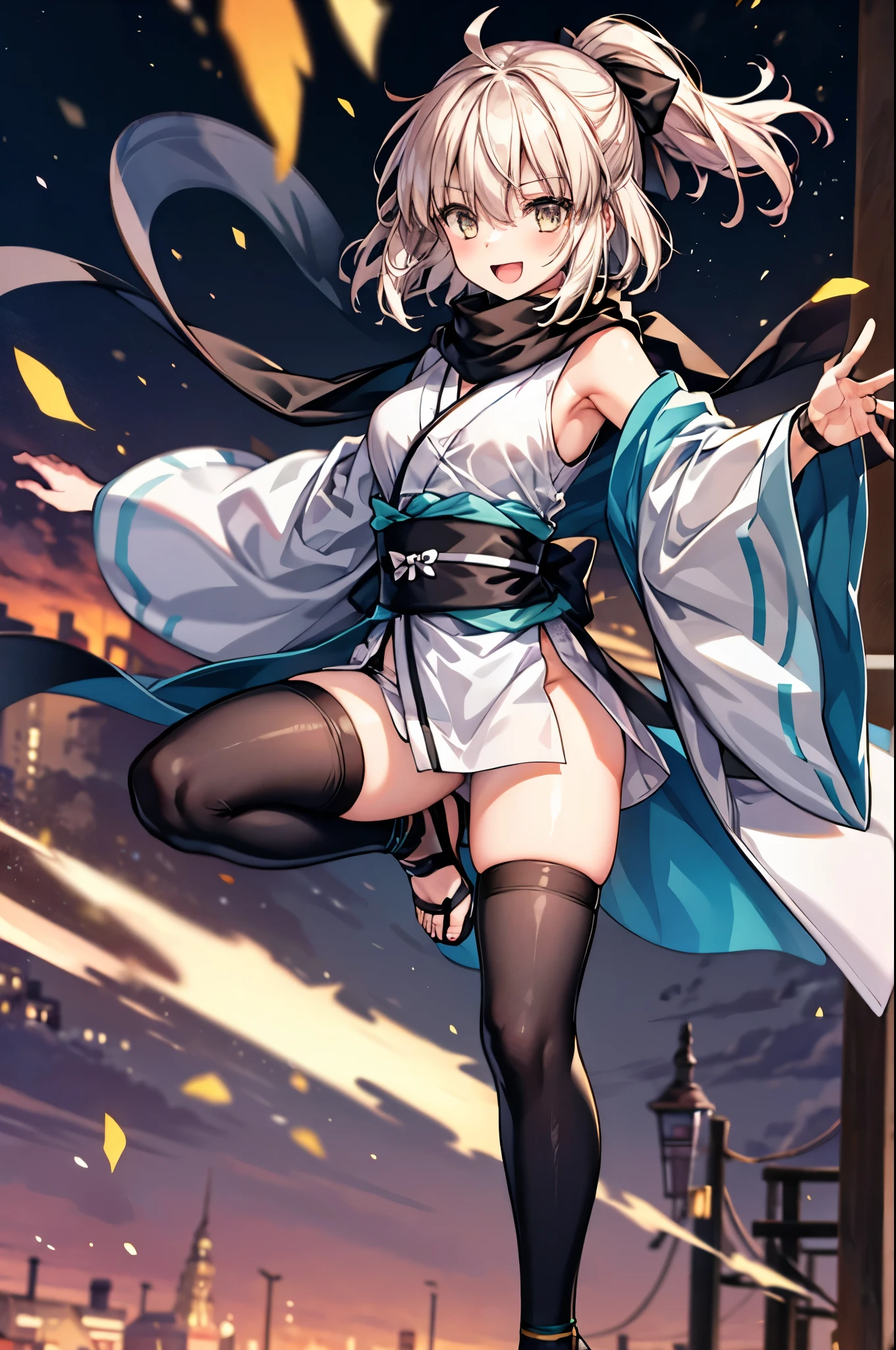 cute face, perfect face, perfect hands, 1teen_girl,okita souji \(FGO\), okita souji \(fate\), white_pink_ponytail,black_bow,sleeveless_white_short_kimono,
smile,happy,gold_eyes, thigh-highs, straw_sandals,medium_breasts, , fighting_pose ,town_background,black_long_scarf,knees, black_cloth_gauntlet,apart_legs,open_mouth,rise_arms, bare_elbows