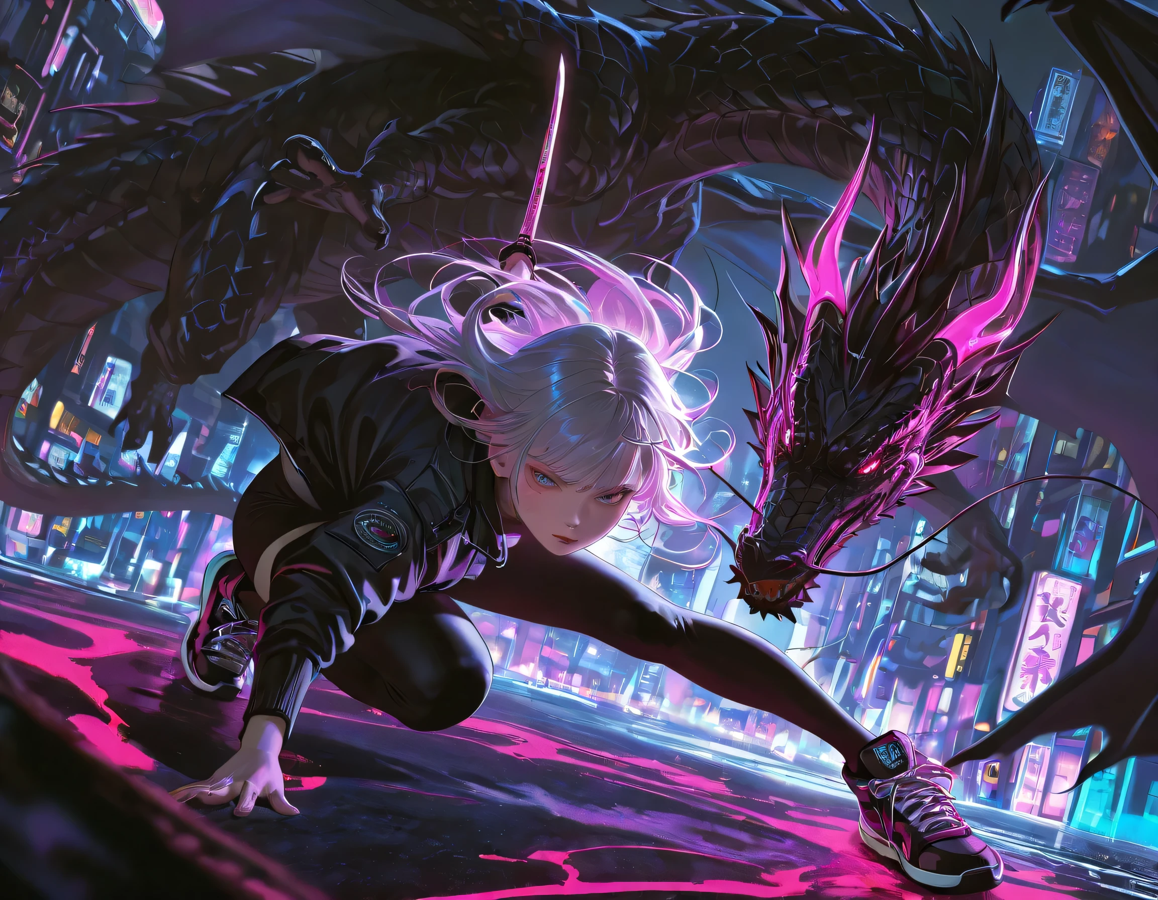 1girl, Japanese style art, cyberpunk, katana, intricate detailed dragon background, ((black dragon:1.5)), high quality, cinematic lighting, dramatic atmosphere, moody color palette, muted tones, photorealistic, 8K, HDR, physically-based rendering, katana, Holding Katana, dynamic angle, dynamic view, looking at viewer, stylish sneakers, black jacket, black plash, black Slash,(detailed face and eyes),