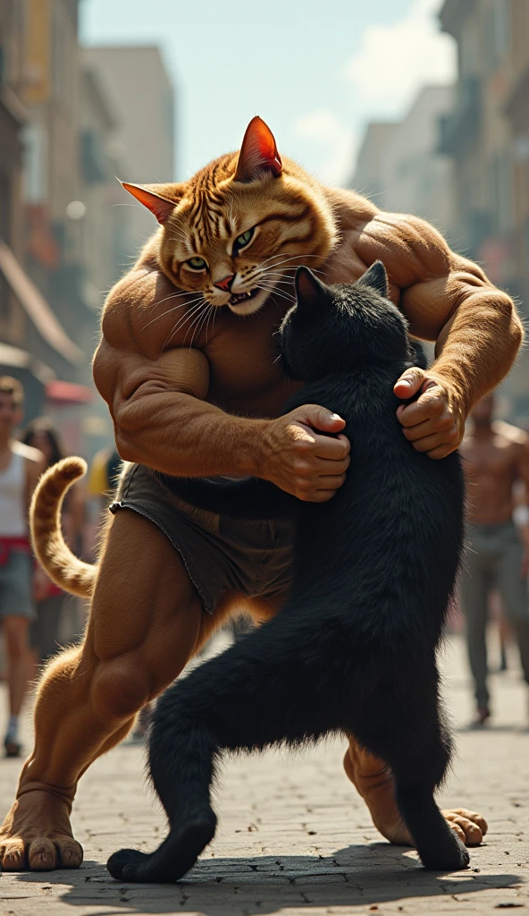 Create a photorealistic image of a six pack father cat wearing jeans outfit is sprinting down a busy street and screaming with worrying and sad expressions , holding the small kitten in his arms with worrying expression. Surrounding him are tall city buildings, streetlights, The father’s face is filled with determination and worry.