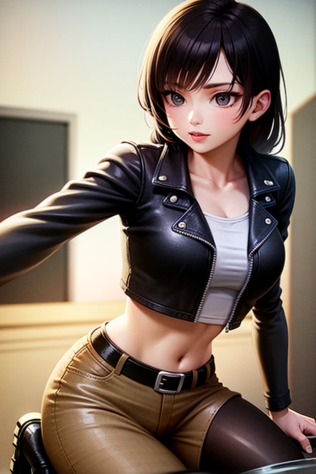 Highest quality High resolution Simple Remainsの様なDungeons RemainsDungeons Long bangs Adult female Adventurer Girl Loose expression cute smile Leather jacket Beautiful Eyes One Woman Long side hair Very black hair Shiny long hair Straight hair Ahoge Wide sleeves Long hem cute目 Remains Dungeons Underground maze