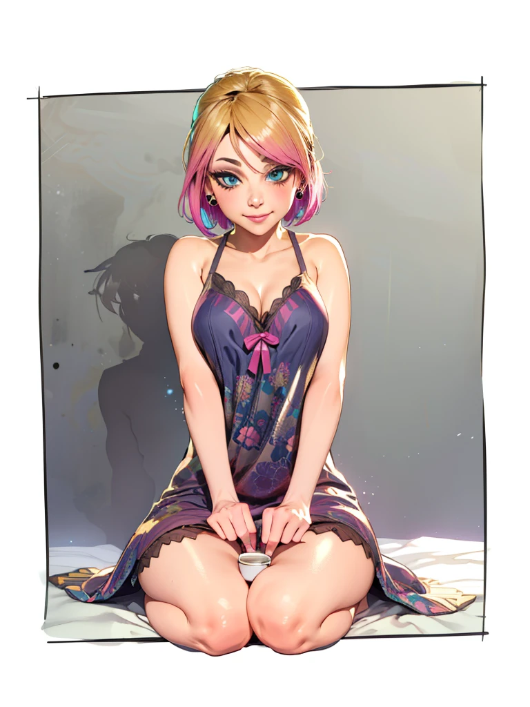 one girl, solo, abs, slender body, (upper body, bust:1.2), green eyes, blonde hair, bare shoulders, masterpiece, highly detailed, look at viewer, front view, (paint splashes:1.5), (abstract, psychodelic:1.5), (small breasts, tiny breasts, male chest, deep cleavage:1.5), (yukata, japanese clothes, choker:1.3), (transgressive art, octane render , saturated colors, pastel colors:1.3), (paint splashes background, colorful background:1.3), expressing joy, belts, shoulder-belts