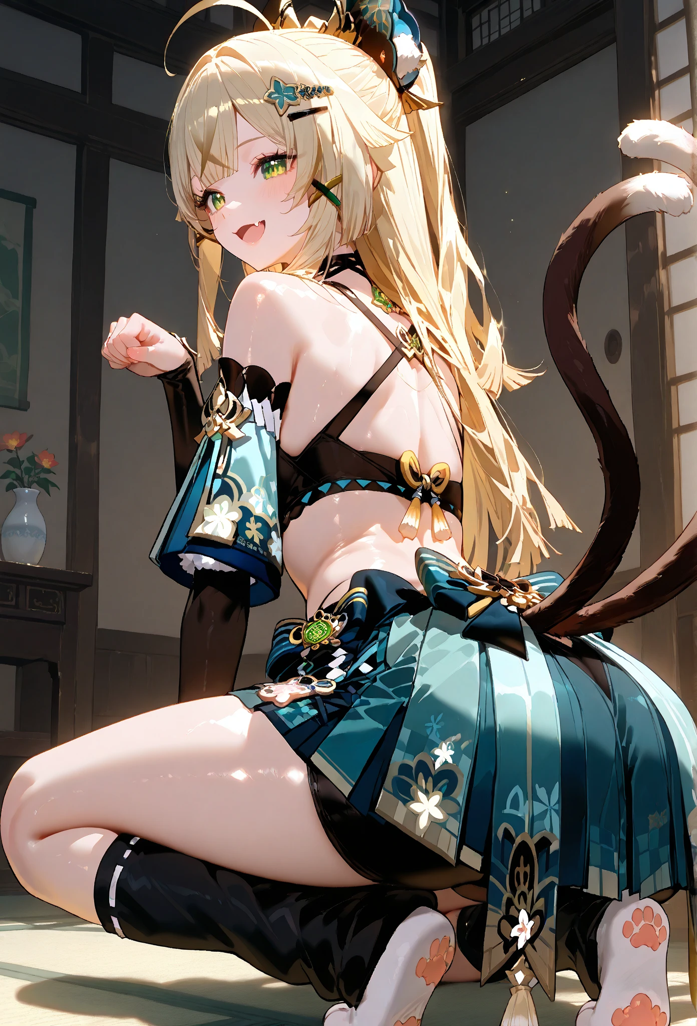 lethe fe, choker, belt, cat tail, bell, thigh strap, facial mark, bandages, side slit, pouch, brown belt, whisker markings, green shorts, wrist wrap, side slit shorts, ((on all fours)), hissing, tail upwards, standing on all fours