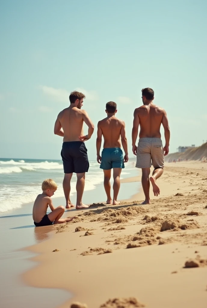 A scene on Ferradura beach in Armação de Búzios, in a sunny day, with the blue sea in the background. Three people are walking on the sand: a 3 man with 1,80m de altura, chestnut hair, wearing shorts and a shirt, with a common body; Beside him, A 3 man, 1,76m high, a little less thin, with straight hair, walking next to a child, who is 1 meter tall and has slightly lighter hair. The younger man carries a yellow surfboard. Everyone is smiling and enjoying the moment together