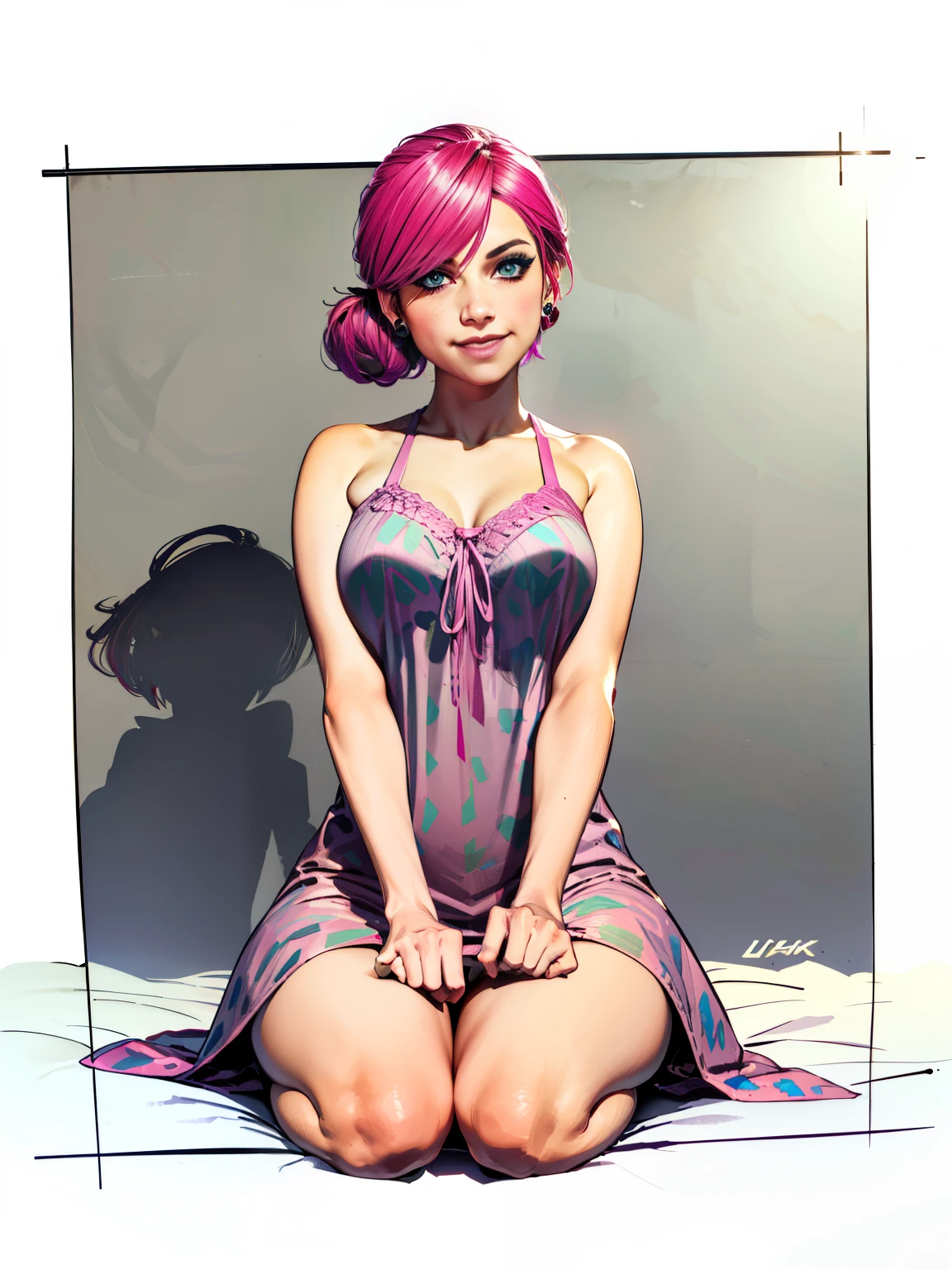 looking at viewer romantically, (extremely detailed CG unity 4k wallpaper),(best illustration),(best shadow),(absurdres), (simple background), fetchxl, multicolored hair,pink hair, blue eyes, short nightgown, earrings, natural light, morning, nose ring, loving smile, medium breasts, Lithe figure, bedroom, POV, bare legs, sitting on haunches,