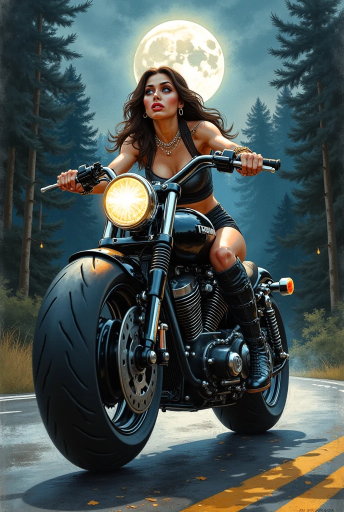 A detailed digital airbrush painting of a beautiful, mulher estilo rock sentada em uma motocicleta, inspired by the biker club aesthetic, similar to the vibration of &#39;Sons of Anarchy&#39;. The scene takes place in an urban setting, mixing elements of realism and artistic talent. The image must be highly detailed and painted in an oil painting style, mostrando detalhes intrincados do traje da mulher, a motocicleta, e o entorno urbano. The composition must capture the brave, rebellious essence of a biker&#39;s life, focusing on realism and artistic beauty.