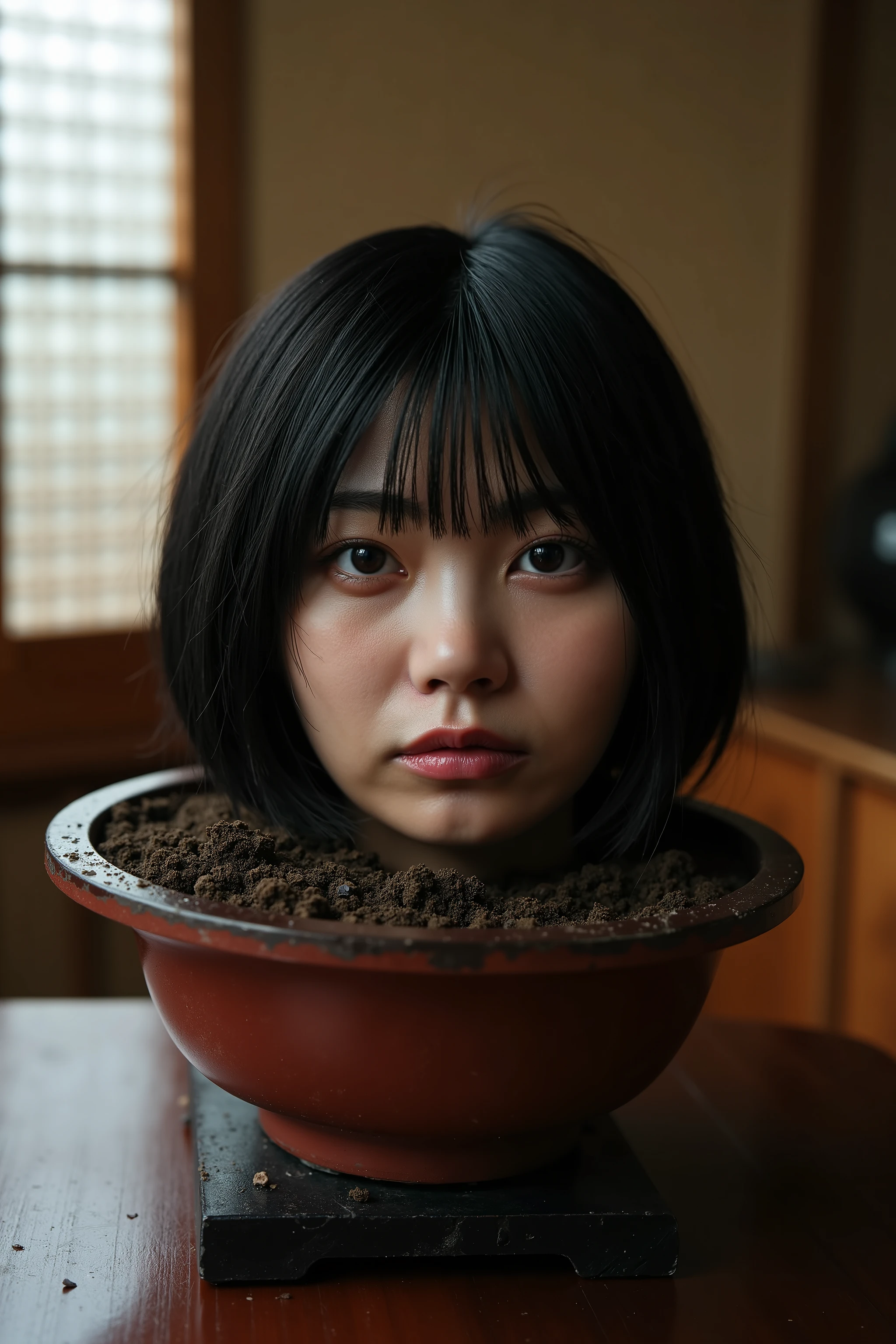 High resolution photo of the head of a young Japanese woman buried in the center of the soil in a bonsai pot placed on a table in a traditional Japanese home. No part of her body is visible below the shoulders. She has short black bob hair with long bangs. She has a sad and frowning on her face. The amazing quality, extreme details, intricate details, sharp focus, rich contrast and realistic use of professional lighting techniques make this a masterpiece.