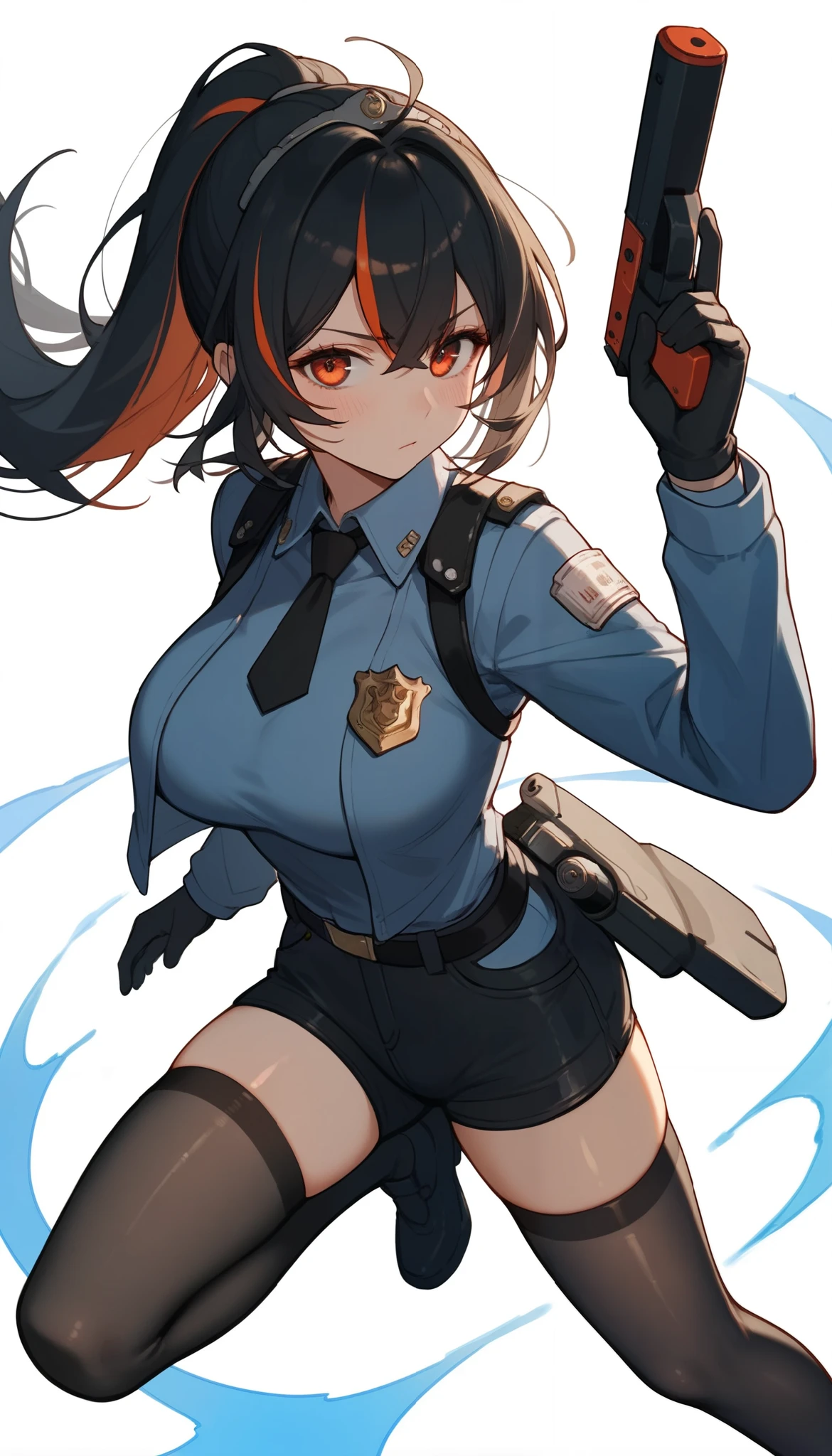 score_9, score_8_up, score_7_up, score_6_up, score_5_up, score_4_up,  (masterpiece: 1.0), best quality,  1girl , Alone, Viewer, simple background, expression of disapproval, Disdainful eyes with a baton in hand ,  Battle Pose , blush, full body, Disdainful Eyes, Black Stockings, Police Uniform, big breasts, style: midjourney, zhu_Yuan, white background,  remote shot, White Space