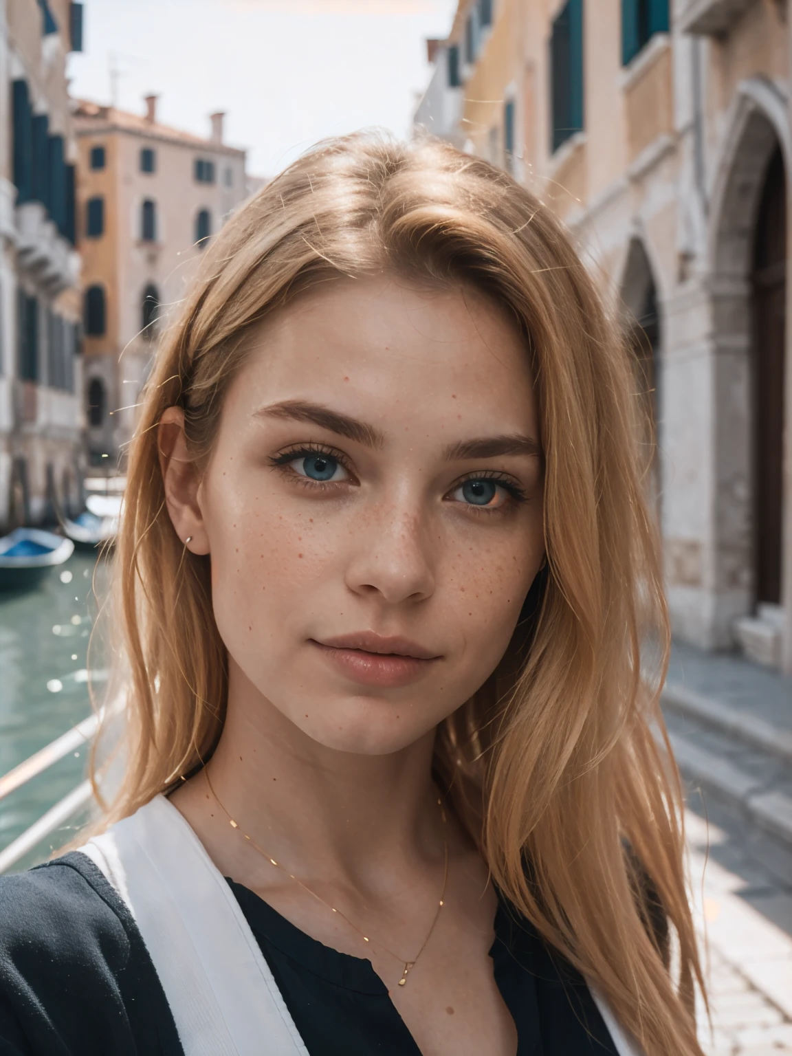 A beautiful blond Caucasian woman with light blond hair, blue eyes, and small Freckles on her face in Venice