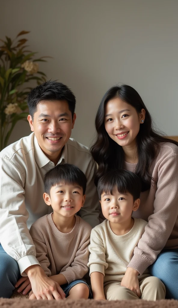 portrait a korean family, 3 people, smilling in the sunshine, real image, ultra-detailed,