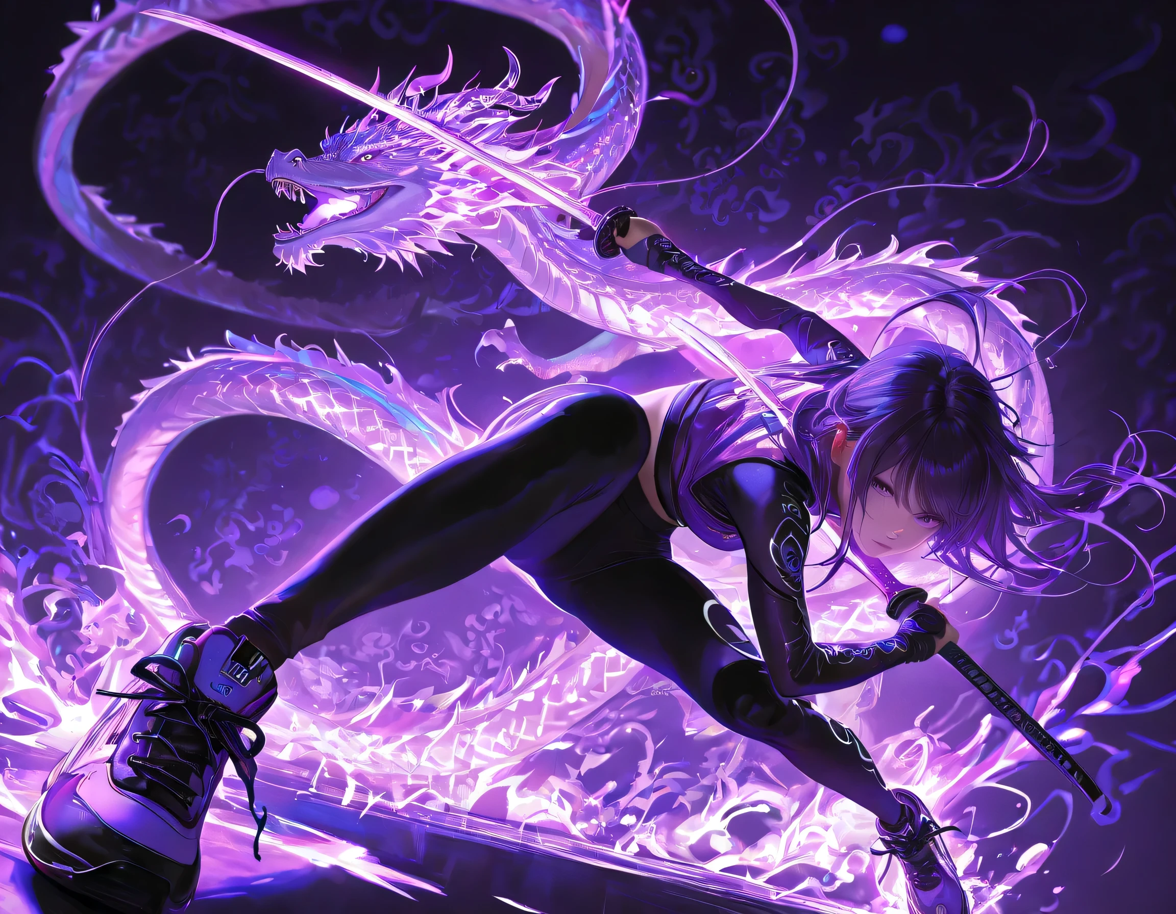 1girl, stylish sneakers, stylish streetwear, ((intricate detailed purple dragon background:1.5)), 8k, hyperdetailed, cinematic lighting, masterfully painted, dramatic pose, dynamic composition, vivid colors, photorealistic, realistic skin and fabrics, intricate details, fantasy background, decorative dragon, dark moody atmosphere, dramatic lighting, volumetric fog, dynamic angle, dynamic view, masterpiece, katana, Holding Katana,(Violet theme),(detailed face and eyes),