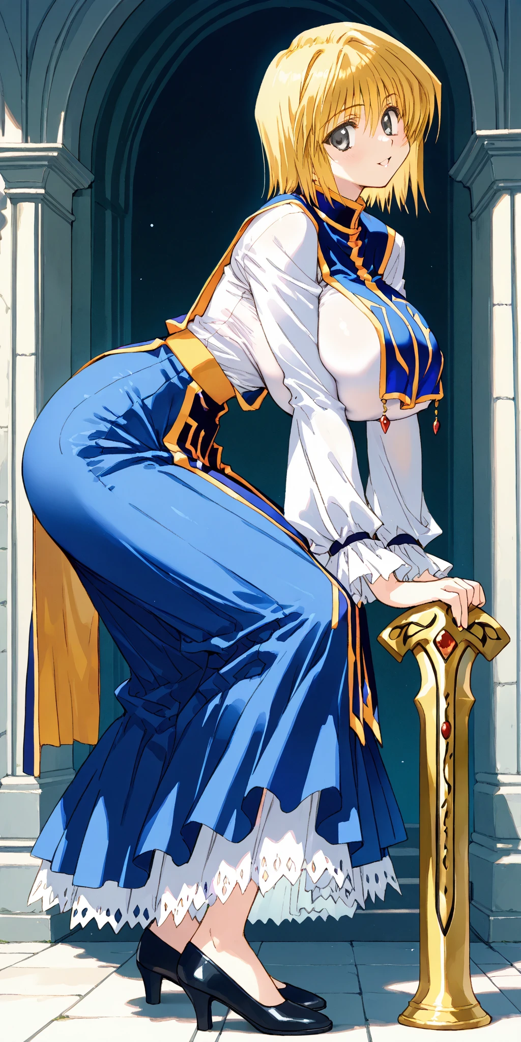 a cartoon picture of a woman in a blue dress and heels, anime barbie in white stockings, commission for high res, sfw version, artoria pendragon, game art!!, bara, blonde - haired princess, commission for, anime style like fate/stay night, inspired by INO, female mage!, cel shaded!!!, guilty gear art style, full res, artoria pendragon, thick thighs, thicc, oppai, oppai proportions, gogo dancer