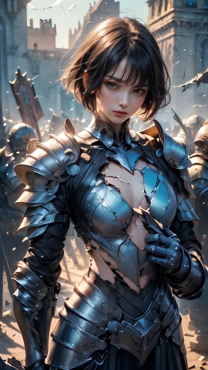 (((Best Quality))), ((Ultra-detailed)), (extremely detailed photo), ((extremely delicate and beautiful)),(Cute delicate face), ((masterpiece)), perfect anatomy, intricate, (highly detailed), masterpiece, photorealistic, (Tall girl),(cool beauty and dignified girl),(blue and black armor:1.4), ((Castle Town)) ,(upper body),alone,black hair,(pixie cut hair),(dynamic pose), looking at viewer, double eyelid,delicate skin,slender body shape,big breast,(cracked armor:1.4),,((Shattered armor:1.4)),,((crushing armor:1.4)),((Armor half chest split:1.4)),,((Broken chest armor:1.4)),,,((The right chest section of the armor has been torn off.:1.4))