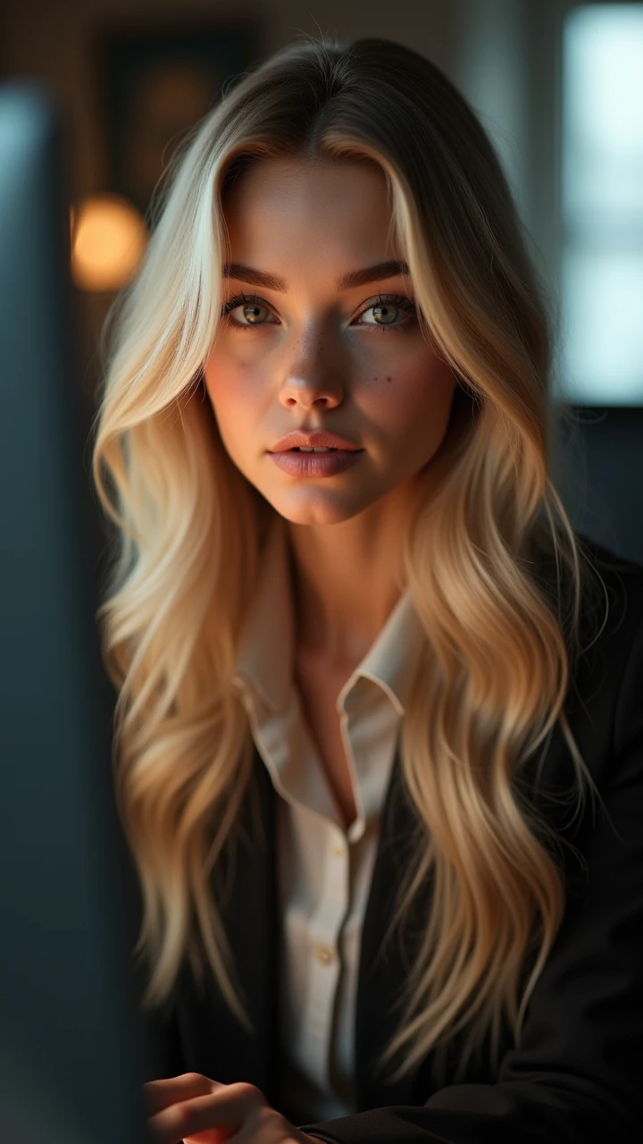 a beautiful girl with long blonde hair, detailed eyes, nose, and lips, wearing  professional outfit, siting in her office, using her computer, hp comuter (best quality,4k,8k,highres,masterpiece:1.2),ultra-detailed,(realistic,photorealistic,photo-realistic:1.37),HDR,studio lighting,extremely detailed face and body, portrait,cinematic lighting,dramatic lighting,warm color tones,dramatic colors