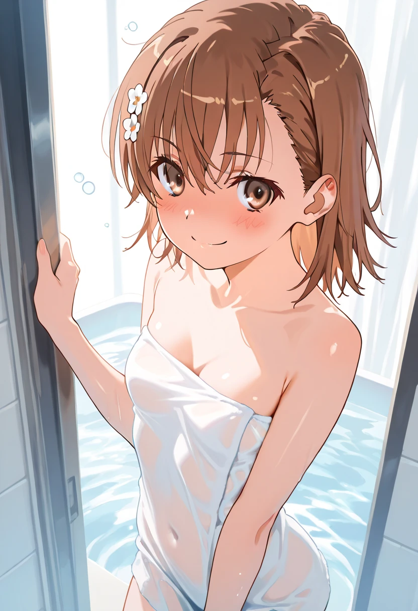 anime_source, (masterpiece), best quality, expressive eyes, perfect face, score_9, score_8_up, score_7_up, 1girl, red hair, blue eyes, shy, surprised, bangs, bathroom, blush, breasts, collarbone, covering, fence, hair between eyes, hair bun, hair up, indoors, long hair, looking at viewer, medium breasts, nude, nude cover, one eye closed, smile, red hair, modern, solo, steam, tied hair, tile floor, tile wall, tiles, towel, wet, curvy, steam, sexy pose, erotic pose