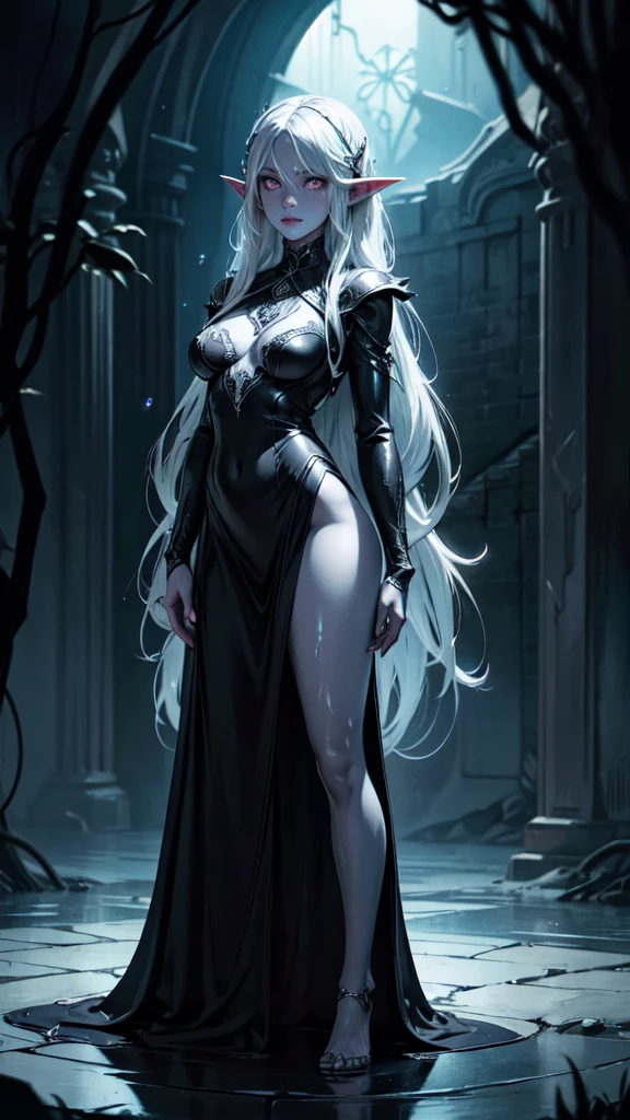This woman possesses a striking appearance with her pristine white hair, which cascades down in a silvery waterfall. Her eyebrows and eyelashes are also a pristine white, adding an ethereal quality to her visage. Her facial features combine the best of English and German ancestry, resulting in a harmonious blend of elegance and strength. Her eyes are a captivating shade of blue, reminiscent of the clear skies over the English countryside, and they exude a sense of wisdom and depth. Her skin, fair and porcelain-like, showcases her flawless complexion. A strong jawline and well-defined cheekbones hint at her German heritage, contributing to an air of confidence and determination in her demeanor. Altogether, she is a woman of timeless beauty and grace, embodying the charm of two rich European heritages.