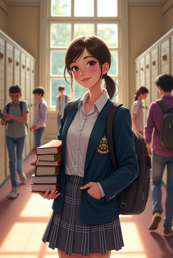 The background is a full-body 3d art work of a lovely junior high school girl standing in front of the blackboard in the classroom, wearing fashionable casual clothes, holding a book in her hand, with a warm smile on her face, big eyes and long black hair, vivid color scheme, strong contrast between cold and warm colors, bright light, background focal length of 35mm f1.8,C4D, blender, etc. OC renderer, high detail 8k