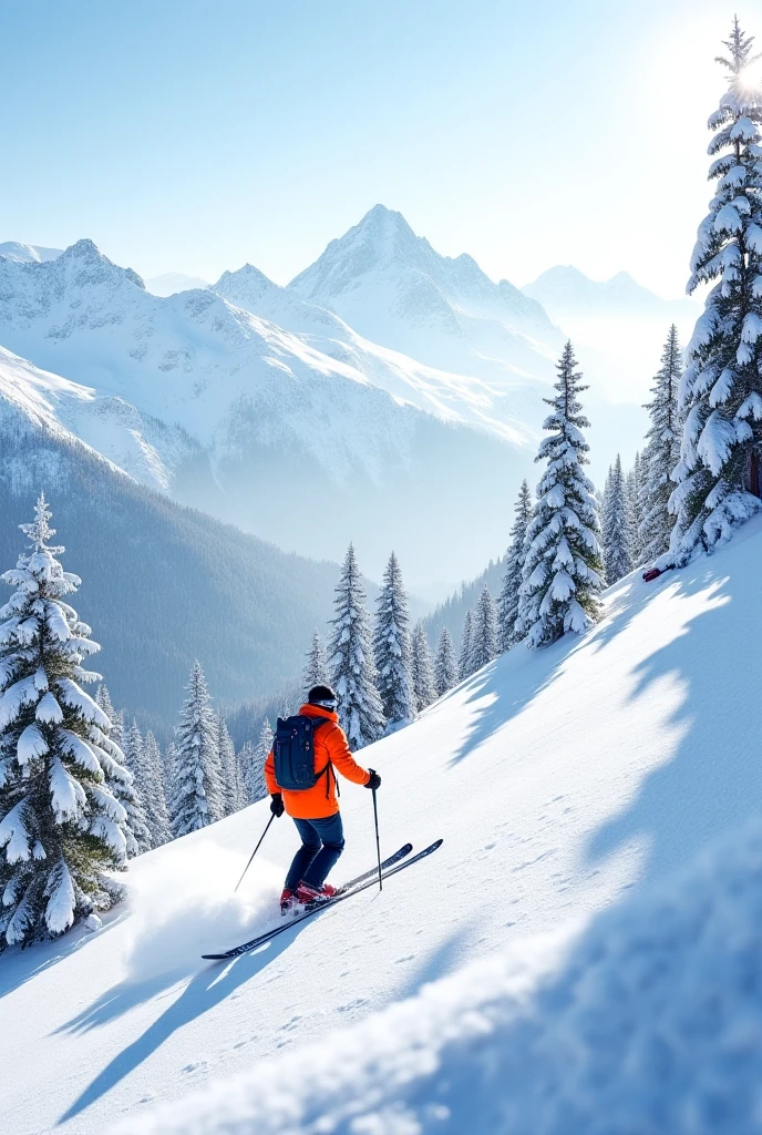 mountains, treeline, snowcapped peaks, wispy clouds, fir forest, panorama, female skier facing away, backpack, mountain trail, nordic skiing