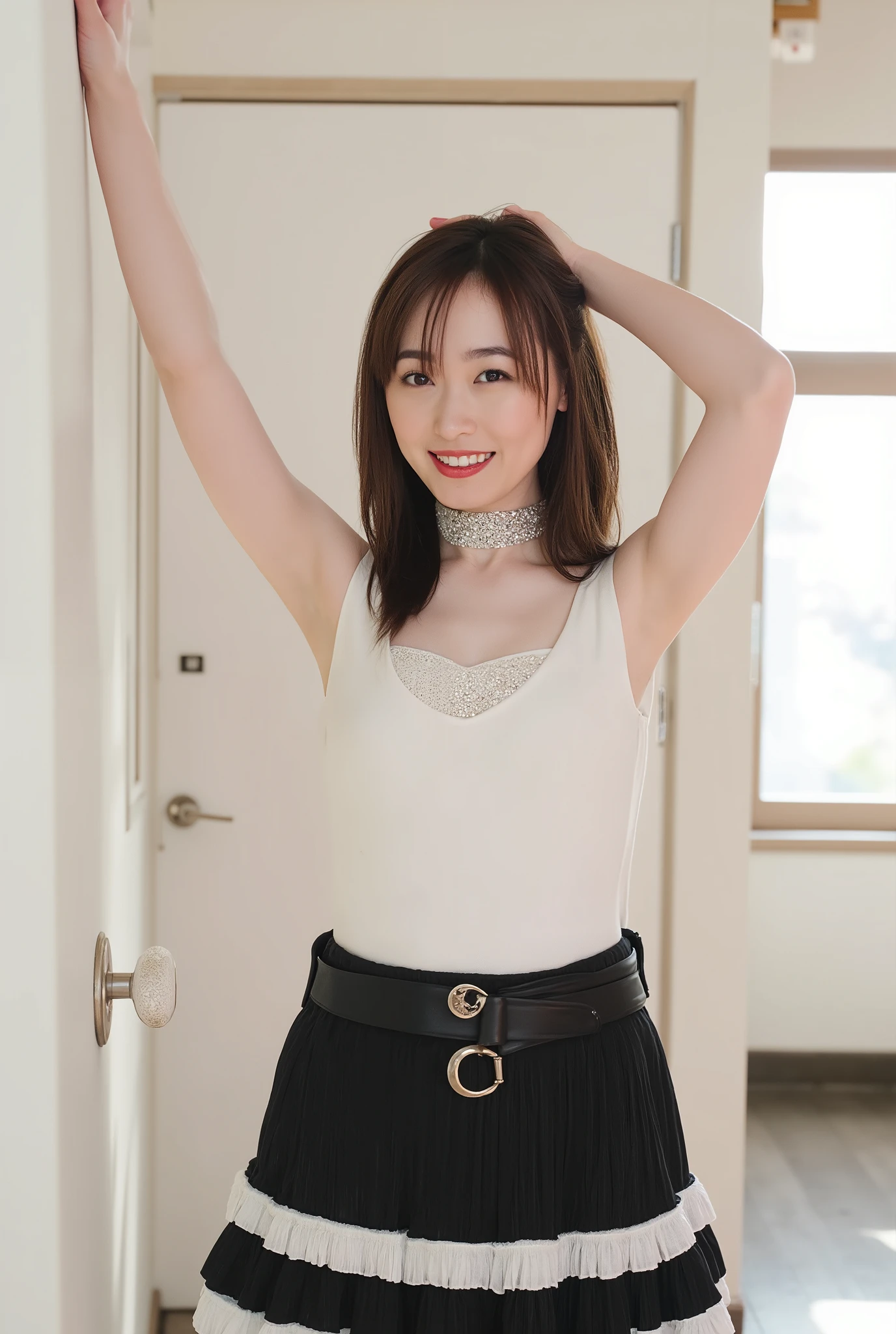 She's wearing a glamorous camisole、face close-up、choker、off shoulder、belly button、Panties、garter belt、thighs