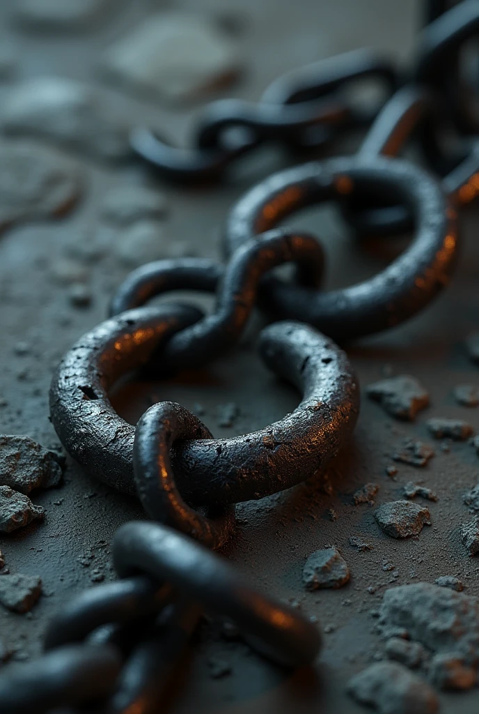A detailed drawing/sketch of a longand open broken chain that has been repaired . Shows visible breaks in the links that are welded back together and slowly fades out. The design incorporates realistic metal textures with scratches, wear, and welding marks to emphasize strength and resilience. Visible with flames