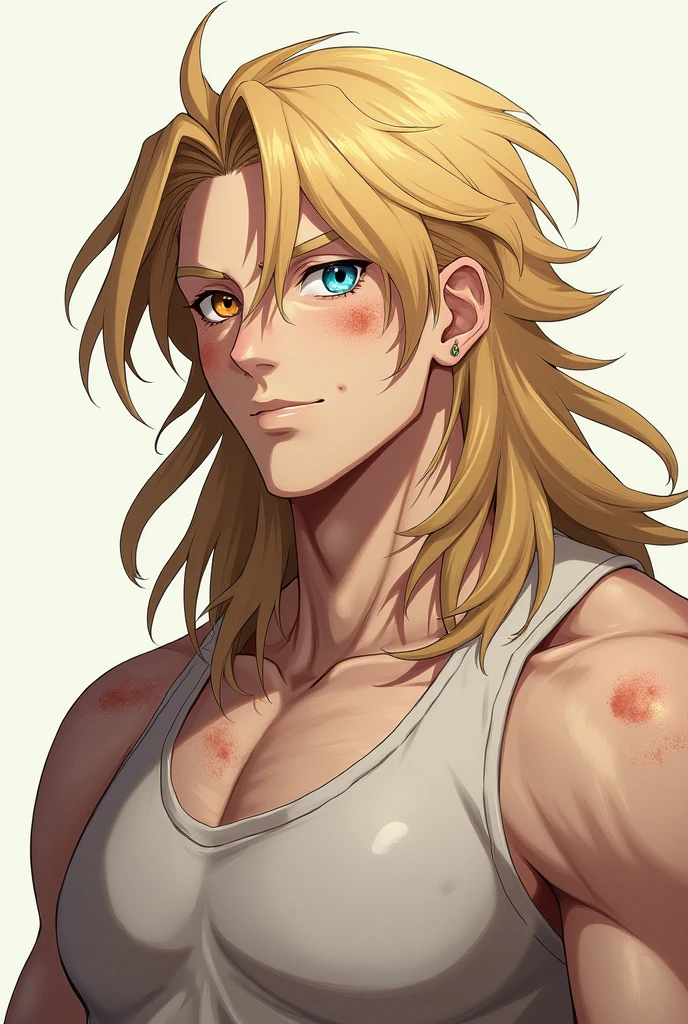 Concept ART Versions face , Human Male Adult age , yellow hair,((Burn Scar half face)) , Very long hair , tank top ,Red eyes
