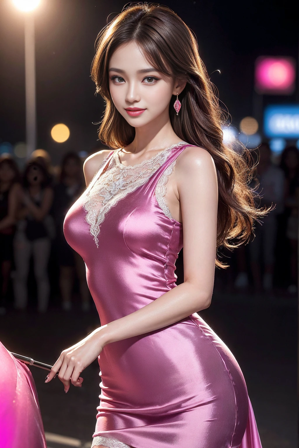 8k, masterpiece, original photo, best quality, lifelike, Extremely detailed CG unified 8K wallpaper, depth of field, film light, lens flare, Ray tracing, (extremely beautiful face, beautiful lips, beautiful eyes), Intricately detailed face, ((Super fine skin)) 1 girl, in the darkness, deep shadow, Beautiful Korean girl, kpop idol, 1 girl, (very slim slender fit-muscled body:1.3), ((looking at the audience)),(bright smile:1.3), (hot pink shirt), (sleeveless) , (fashion city night, dark night, (neon lights), (blurred background), fashion street night),(no one in the background:1.3), beautiful earrings, bracelet, necklace, pantyhose, clear eyes, walk, (pale skin), (big eyes), face forward, ((upper body shot)), ((Dress in silk color:1.3)),(brown hair),((tight fitting lace dress)), (lace dress), (see through), (looking at the audience:1.3) open breast, very slim, medium breasts, look back,((Recumbent)), see through, medium ass