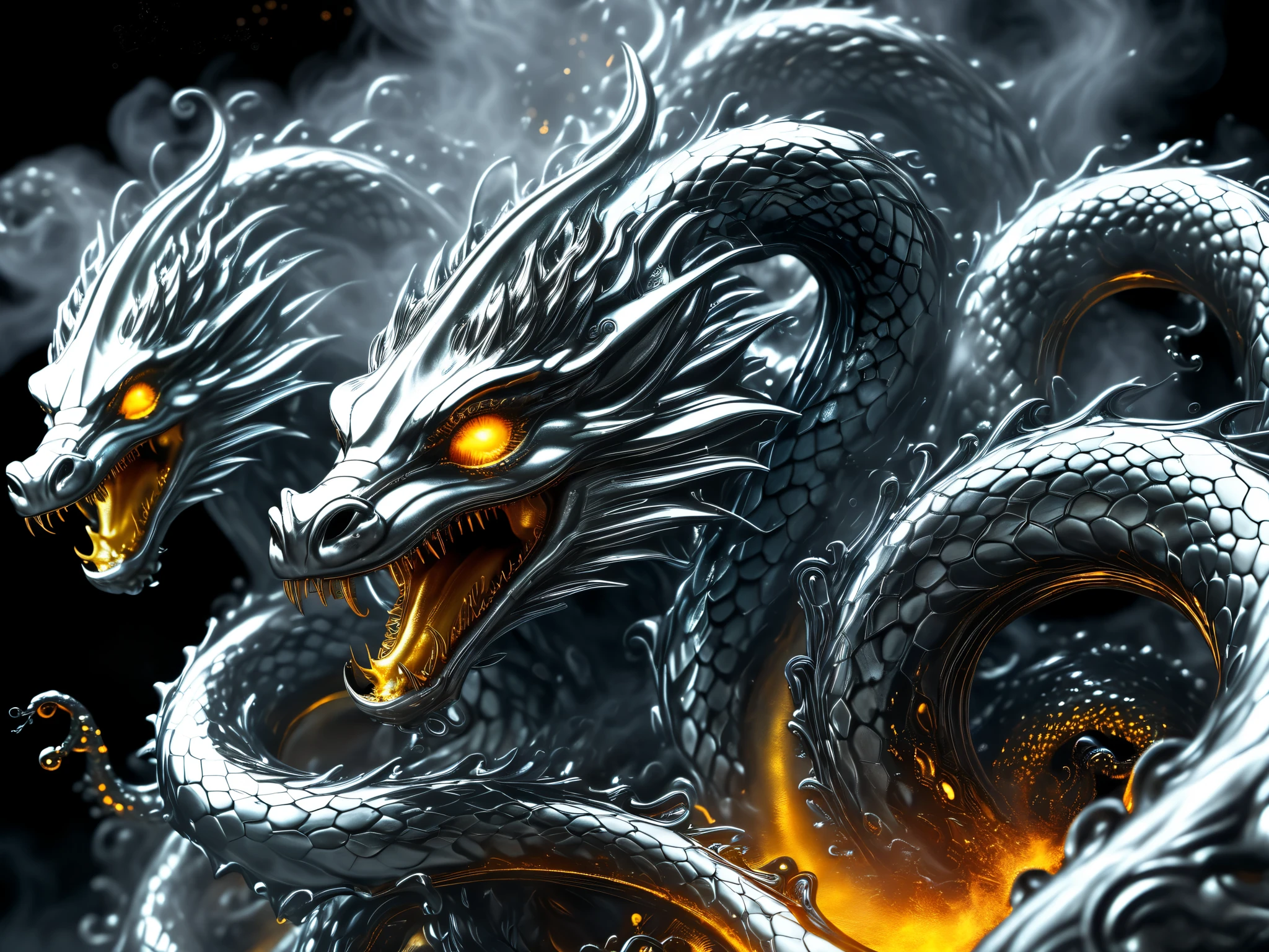 Mesmerizing close-up portrait of a seven-headed Hydra, a unique dichotomy. The left side is smooth, liquid metal machinery, its serpentine necks seamlessly transforming into reflective silver, dripping and glistening with an illusion of movement.

In contrast, the right side remains purely organic, a mythical Hydra with scaly, reptilian skin, piercing eyes, and snarling mouths, exuding ancient power. The seamless transition between myth and machine creates a striking fusion.

Smoke and flickering embers swirl around, some metallic, some natural, enhancing the otherworldly effect. The darkened background keeps the Hydra the focal point, blending legend with futuristic energy in a breathtaking visual paradox.
