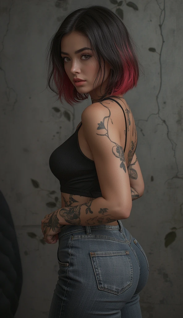 27 years old, gorgeous cute  Russian girl, smirk, freckles, Muscular women, defined body, developed body, kung fu fighter, red blouse with buttons, long black pants of black color, black belt at the waist, spiky hair, short hair of black color (hair with pink locks at the ends), wrestler's shoes, look of tiredness, sitting on the burdens of an old warehouse, abandoned warehouse of the interior, medieval setting., beautiful young catgirl, good young girl, (masterpiece:1.0),(best_quality:1.0), ultra high res,4K,ultra-detailed, photography, 8K, HDR, highres, absurdres:1.2, Kodak portra 400, blurry background, bokeh, lens flare, (vibrant_color:1.2),professional photograph,(the_tattoo:1.5),(Beautiful,large_Breasts), (beautiful_face:1.5),(narrow_waist).