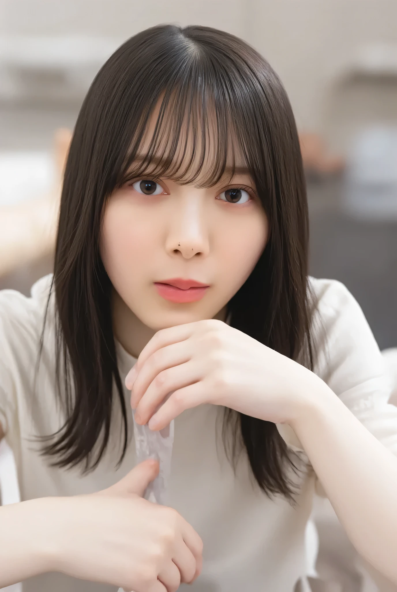 A woman is eating a penis , It stretches below the nose 、Front 、completely naked、completely naked、 white skin、 にした white skinのボブ, beautiful eyes, bungs, black hair long hair 、 photorealistic, Bulma's High Definition , 8k, hyper-detail, studio lighting , Dramatic light and dark , I like movies , moody lighting , dramatic shadow , Wide color gamut , vibrant, Oil, masterpiece, intricate details, super real