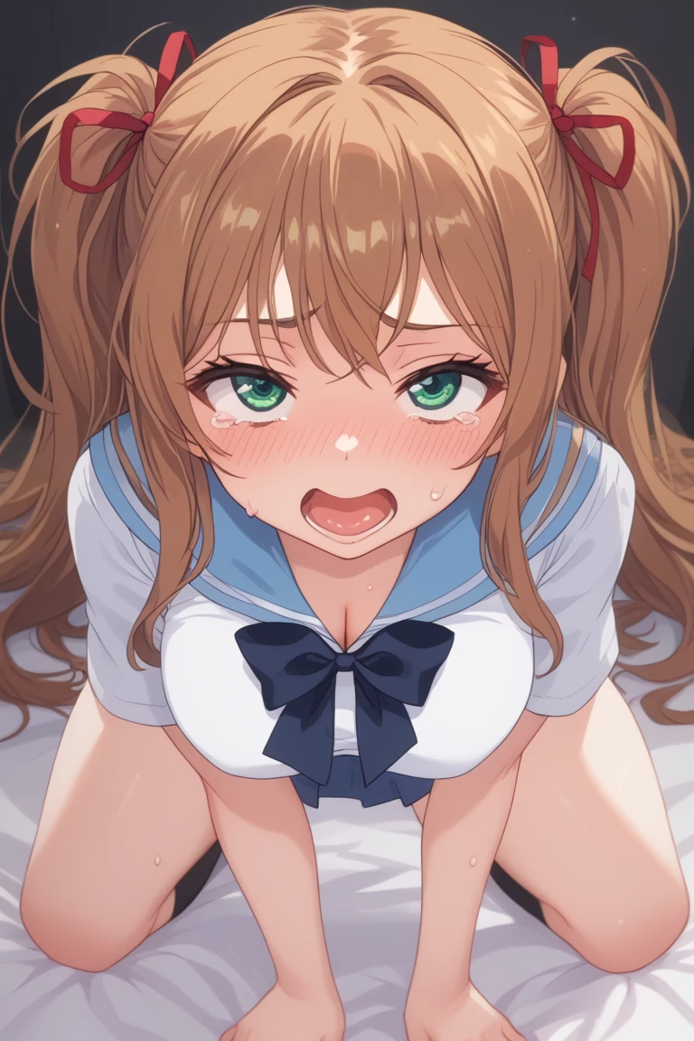 ((masterpiece,best quality)), high resolution, ultra detailed,8k,16k,detailed background, perfect lighting,detailed beautiful eyes, 1girl,solo,embarrassed,blush,steam, heavy breathing,look at viewer,saliva trail,half-closed eyes,(happy smile:1.2),(open mouth,oral,spread mouth:1.4),ahegao,seductive eyes,face focus,(from above,from front:1.4), (selfie),be breathless,show mouth,sweat,fisheye lens,stick tongue out,kneeling,portrait,fair skin,small breast,(slender,short body,narrow sholders,short stature:1.3),classroom,sanae dekomori,long hair,gold hair,twintail,blue eyes,short bangs,