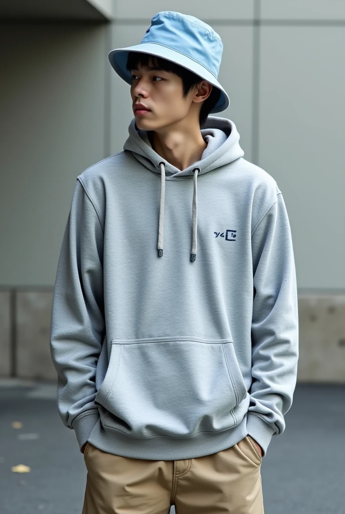 Anime Male Age 18 Wearing White Hoodie With FIN Writing, Wearing Sneakers, White Hair, Headphones On Neck,