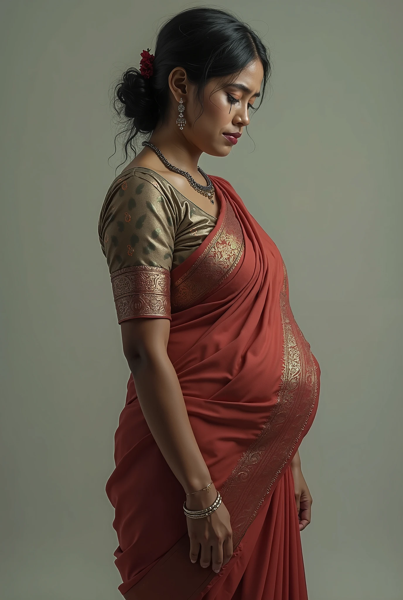 Hot sexy beautiful Busty Big boobies Traditional Bangladeshi bengali Hijabi Muslim Milf covering her head with Hijab wearing Saree and a waist chain around her belly. Navel visible