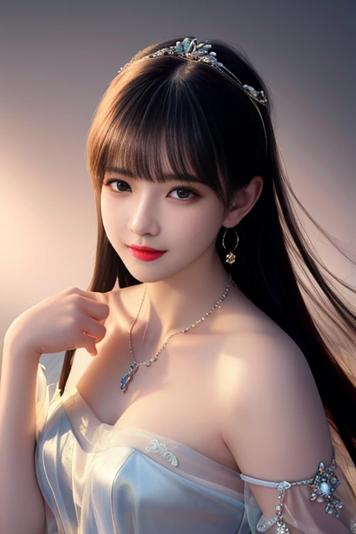 fly to pieces、best quality、illustration、 Excellent details、great details、 high resolution、Dende 8K wallpaper、Perfect dynamic composition、beautiful girl, 24 years old、clear、beautiful, detailed face、beautiful eyes with details、textured skin、Faint smile、Medium bust、sexy poses、grave idol set, The background is blurred., Professional studio level lighting