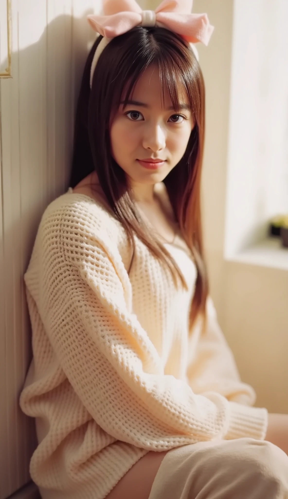 (masterpiece, highest quality:1.2), One girl, one person、High quality and high quality。Beautiful Japanese women。8K resolution images。LoRA imagery dominates。She is a beautiful woman with a youthful face.。All shots are taken so that the whole body is visible, from the face to the shoes.。All of them are facing forward, with knees apart and standing on tiptoes as if squatting.。All of the photos were taken in public toilets and are directed at the camera.。Tongue sticking out from mouth。Have a slim figure with noticeable breast augmentation。Her eyes are large and have double eyelids and droopy eyes.。Her hair is in a smooth ponytail。All students were required to wear thick, long, plain white cardigans and pink dress shirts provided by the school.、Wearing plain white shorts。She wears thick, loose white socks that reach from her knees down to the soles of her feet.。She is wearing thick white knee-high socks that are folded sloppily.。