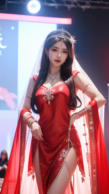 beautiful Dilraba Dilmurat, colorful crimson blood shower, teenage succubus cosplay, photorealistic, raw photo, fashion designer, voluptous, cleavage, respledent ashen skull pearls, baroque, in the style of Victor Ngai