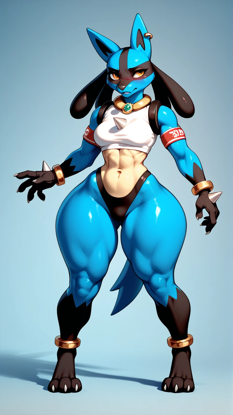 by darkgem, by duase, by bng, solo, 1girl, undyne, blue skin, red hair, huge teeth, yellow teeth, laughing, black eye patch, female, older woman, smooth body, broad shoulders, wide body, wide hips, thick thighs, big arms, heavy breasts, nipple outline, highly detailed eye, milf, tank top, (bare midriff:1.3), cleavage, large areolae, denim cutoffs, visible thong straps, Masterpiece, best quality, absurd res, highly detailed, cleanly drawn eyes, park environment, standing upright, big bottom lip, black lipstick, casual posture, hands on hips,
