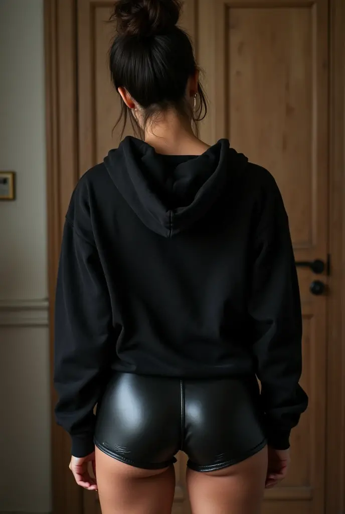 black woman hair in a bun black hoodie black leather short shorts being fucked in the ass by a old grandma in a dress