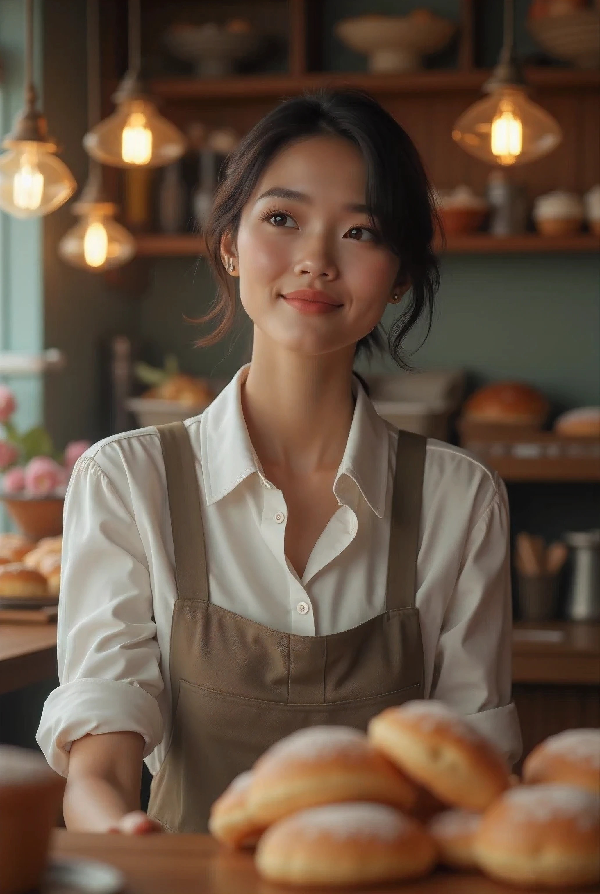 Middle shot of a young woman behind a bakery counter, memories, Professional , High quality image