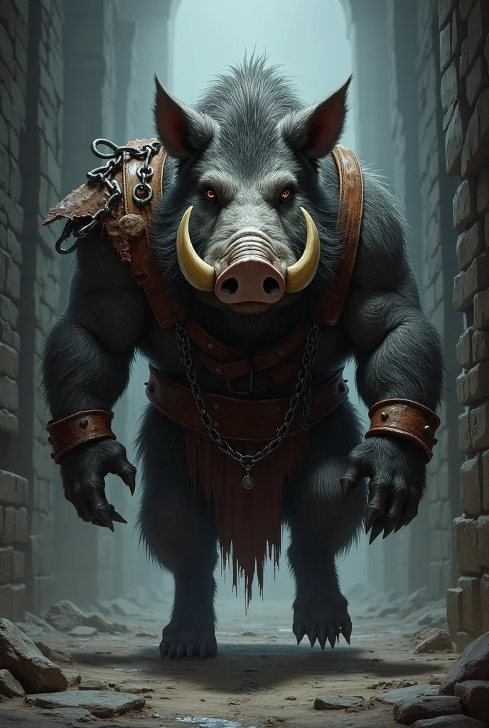Anthro, pig, 40-years-old, covered in brown fur, warrior gear, tribal, bara, battle axe in hand, black Mohawk, facial hair.