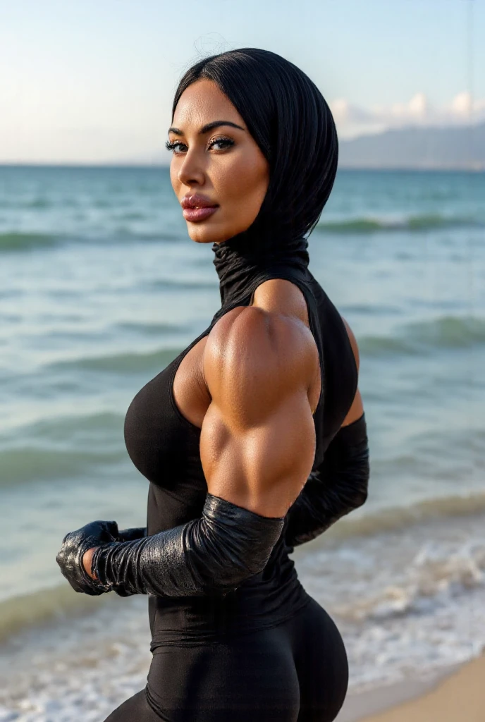 masutepiece, Best Quality, hight resolution, 1 malay girl in, Solo, hijab, Blue eyes, Black Gloves, sexy Police Uniform, black tight pants, Short sleeves, Cowboy Shot,
