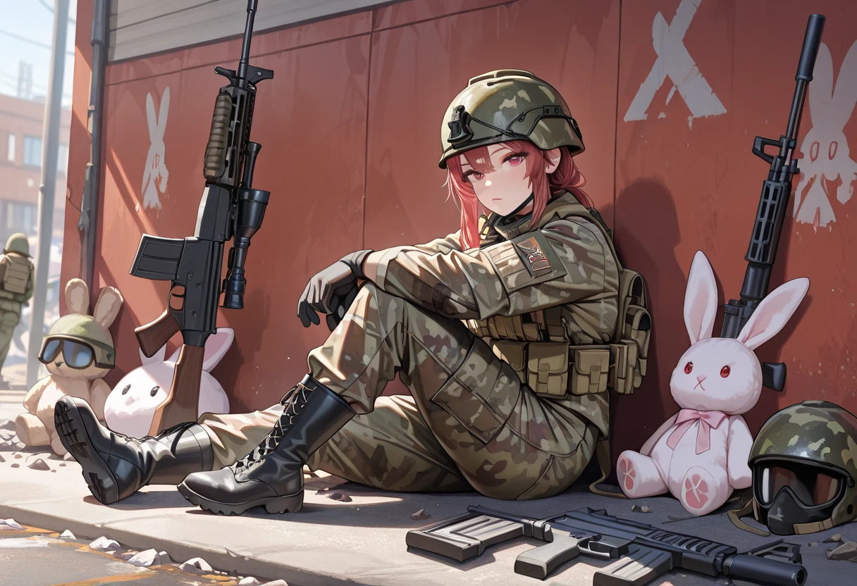 Charred Rabbit Battlefield + stuffed rabbit, Urban area destroyed by missile attack ...