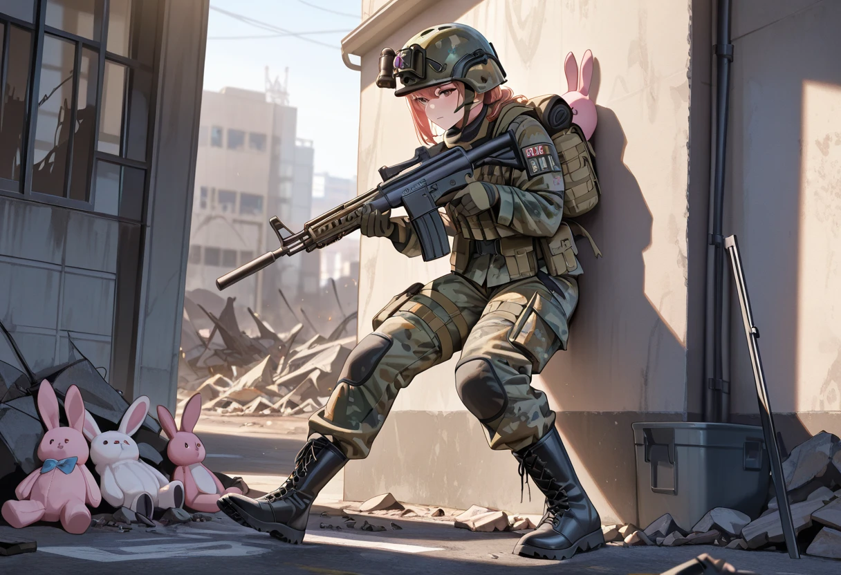 Battlefield + stuffed rabbit, Urban area destroyed by missile attack ...