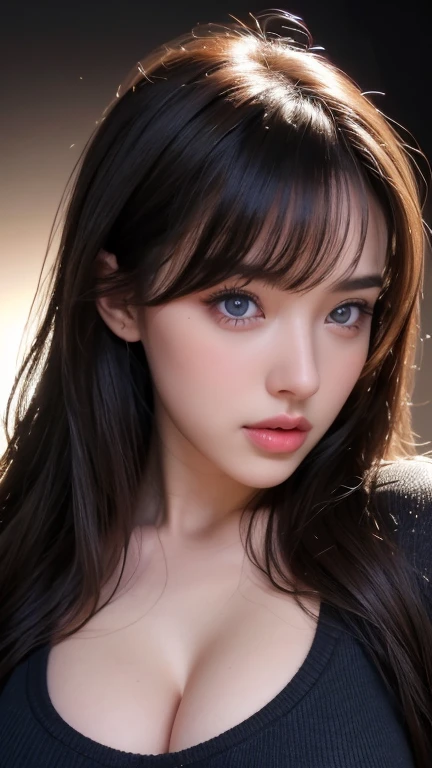 masterpiece, best qualitiy, RAW photos, realisticlying, A high resolution, hyper-detailing, Focus on the face, looking at viewer, Detailed eyebrows, realistic beautiful eyes, realistic glossy skin, straight Bangs, realistic movie lighting, detail shaded, high contrast, Slender, big boob, Big breasts, Exposed cleavage, open mouse, nsfw, Sexy face, Facial expressions when receiving pleasure, ((Dark background)),