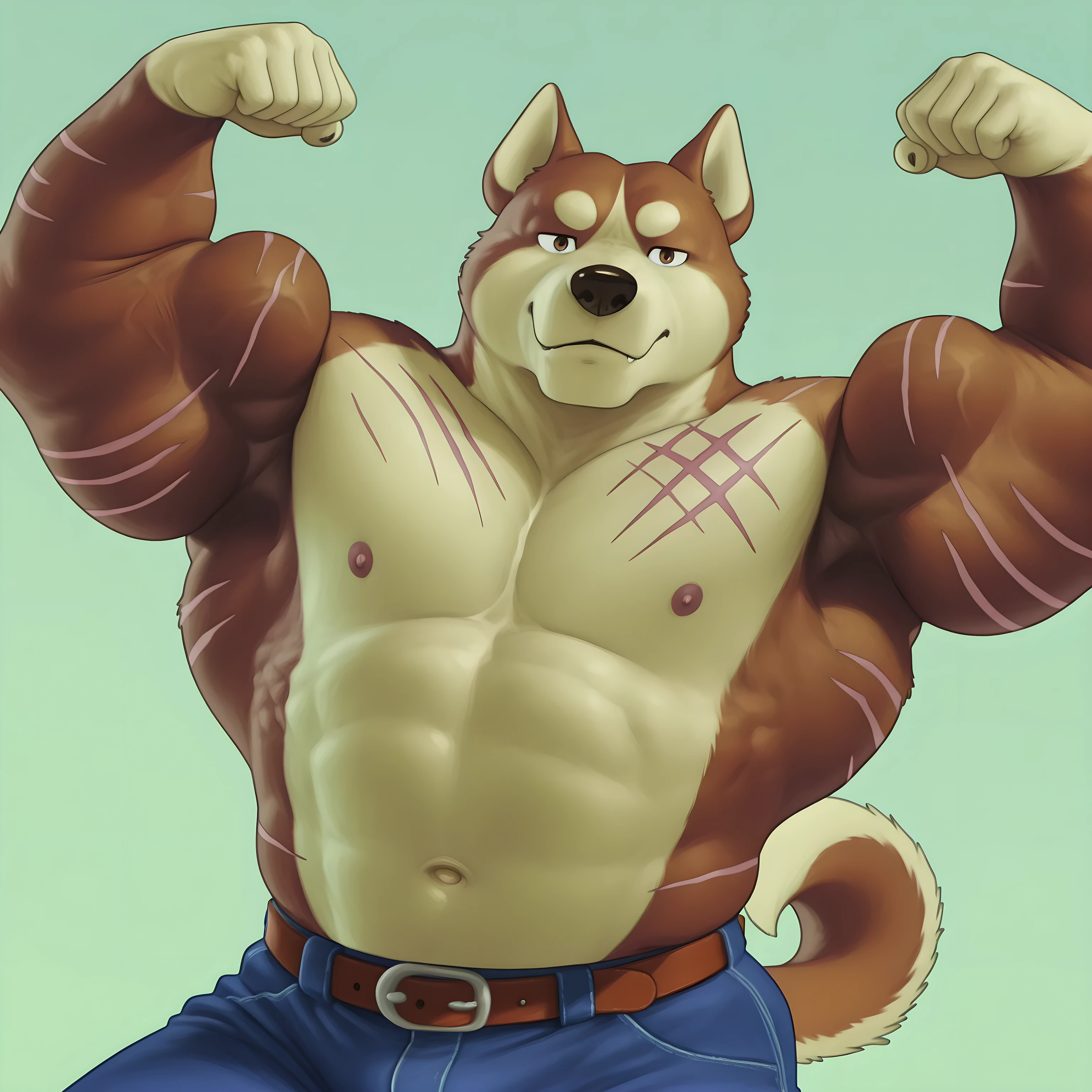 Riki (Ginga), anthro body, dog, brown fur, large scars, male, solo, simple background, looking at viewer, half body, belt, pants, by anhes, flexing, flexing biceps