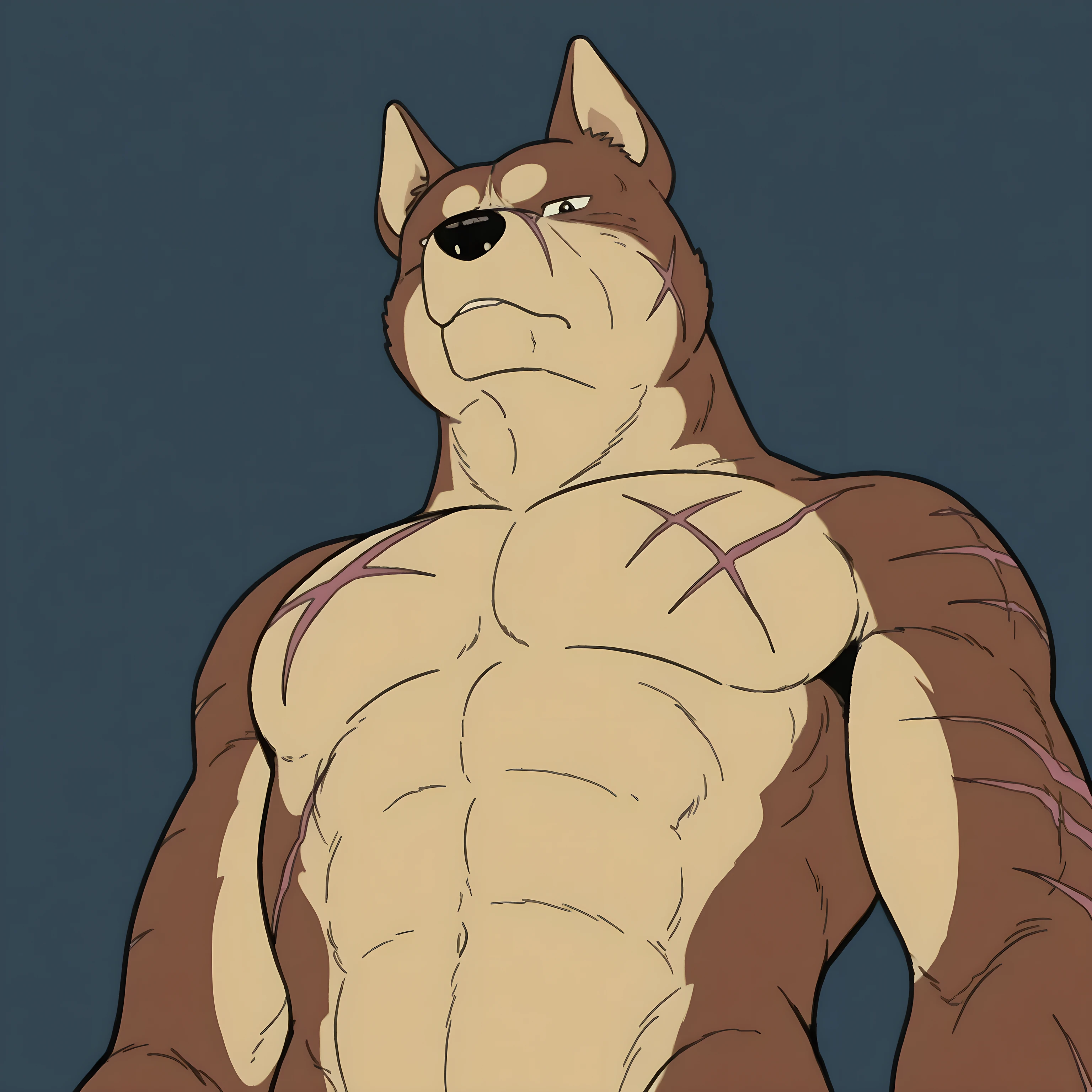 Riki (Ginga), feral, dog, brown fur, large scars, male, solo, pecs, standing, simple background, posing, proud posture, looking at viewer, flat color, half body, 1990s \(style\), low-angle shot, from below